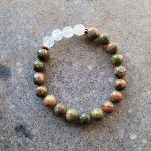 Unakite & Quartz Stone Bead Handmade Bracelet